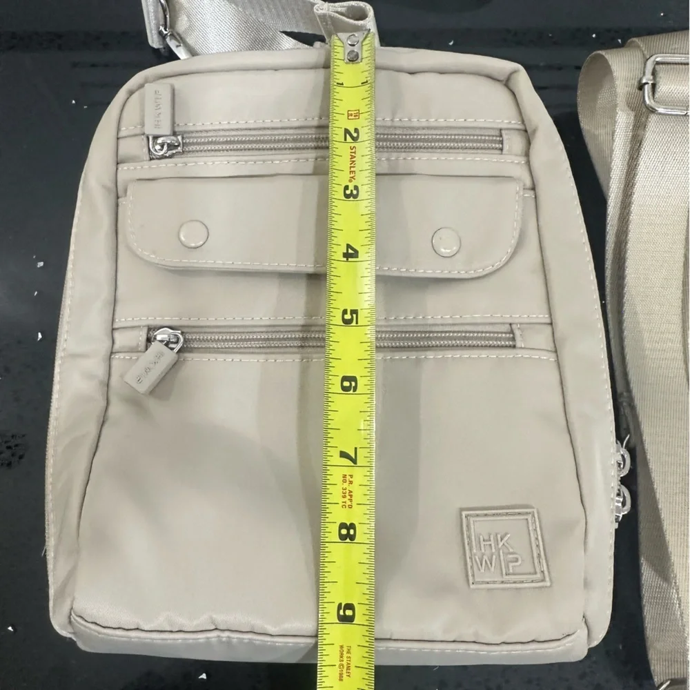 IHKWIP Nylon Multi-Pocket Everyday Essentials Crossbody Bag Tan Beige 2 straps